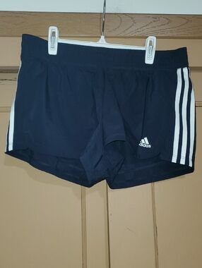 adidas Women's Dark Blue Athletic Shorts with White Stripes